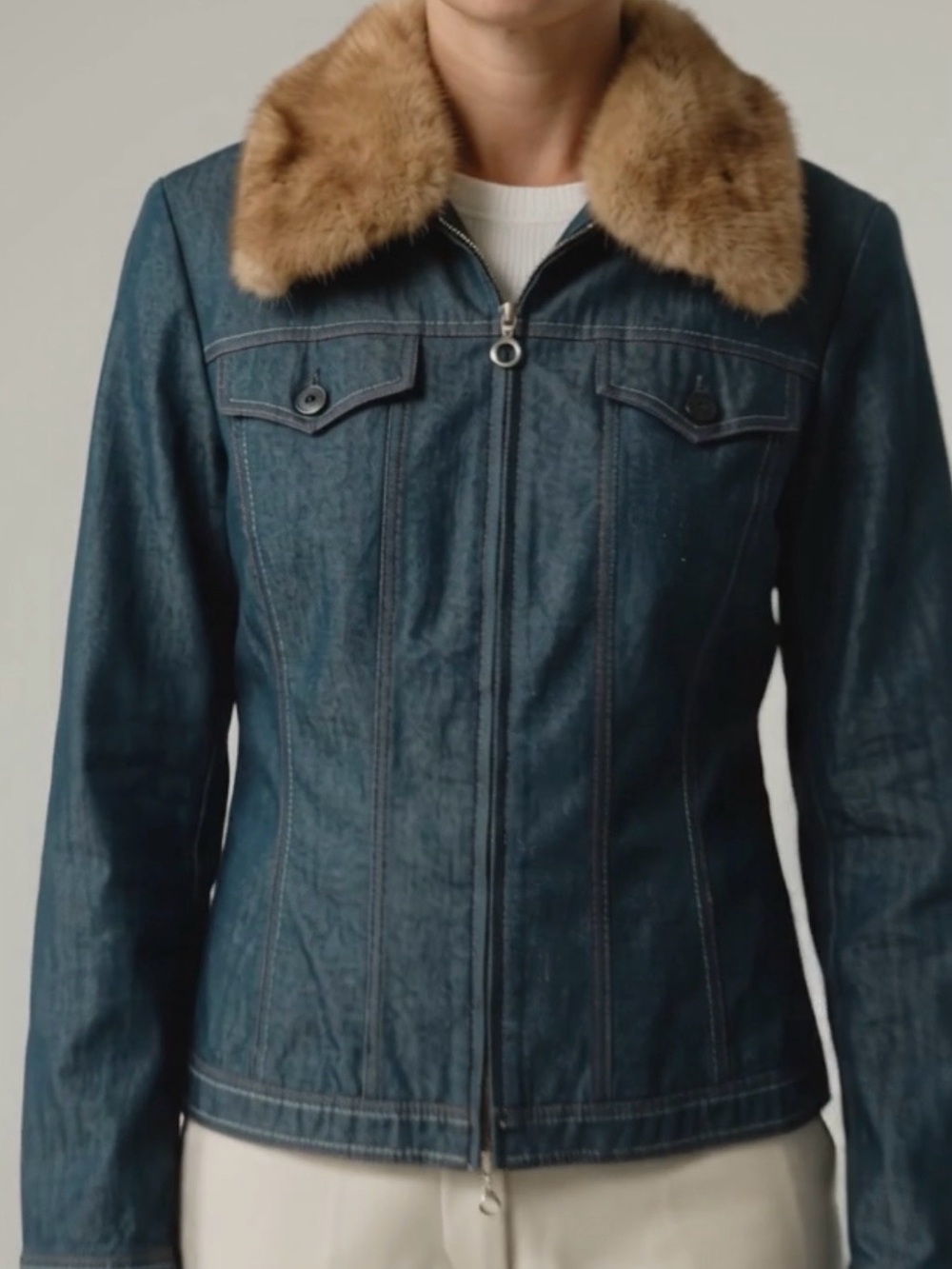 Vintage Escada Denim Zip Jacket With Genuine Mink Fur Detachable Collar SZ (34)
